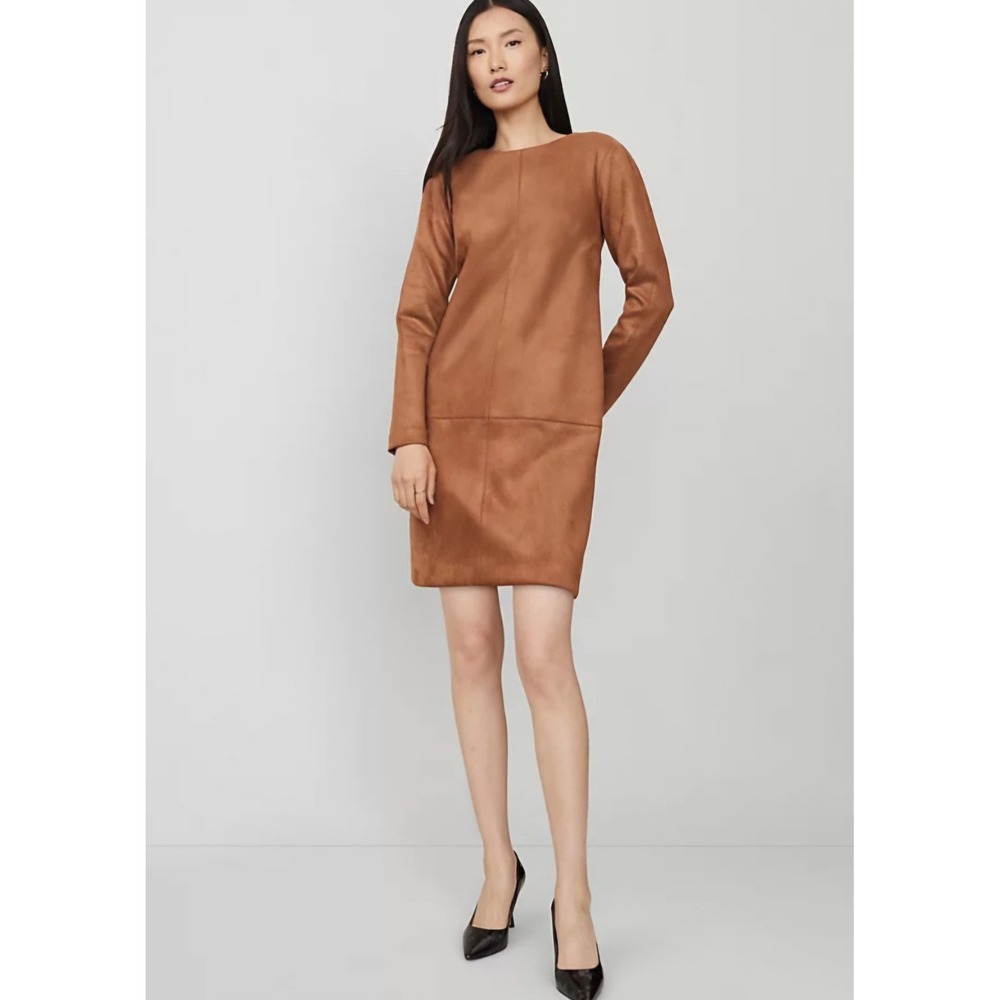 Ann Taylor Faux Suede Shift Dress Camel Tan Long Sleeve Minimalist Mod 4